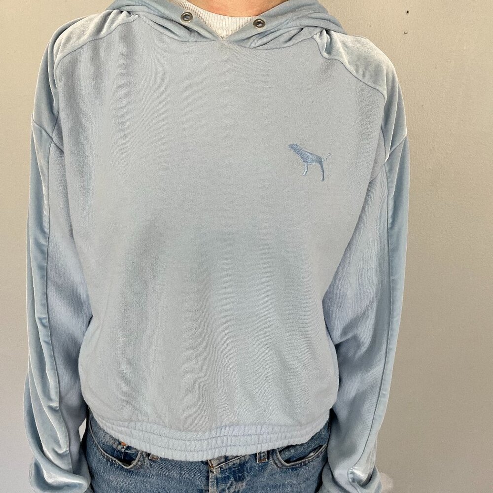 Baby blue cropped hoodie with velvet touch on sides.